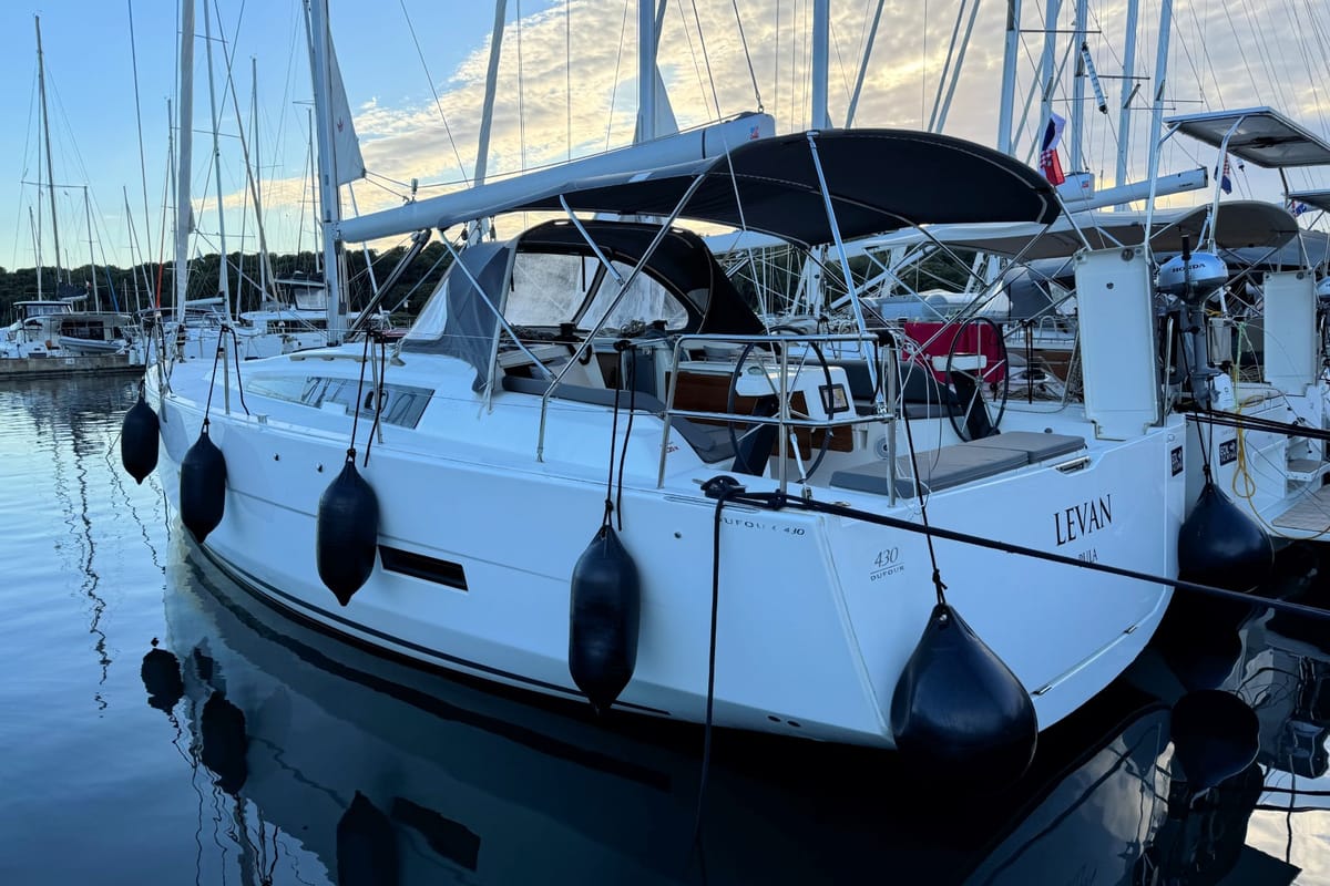 Exterior view of Levan, a Dufour 430 GL sailboat at Grad Pula, Croatia
