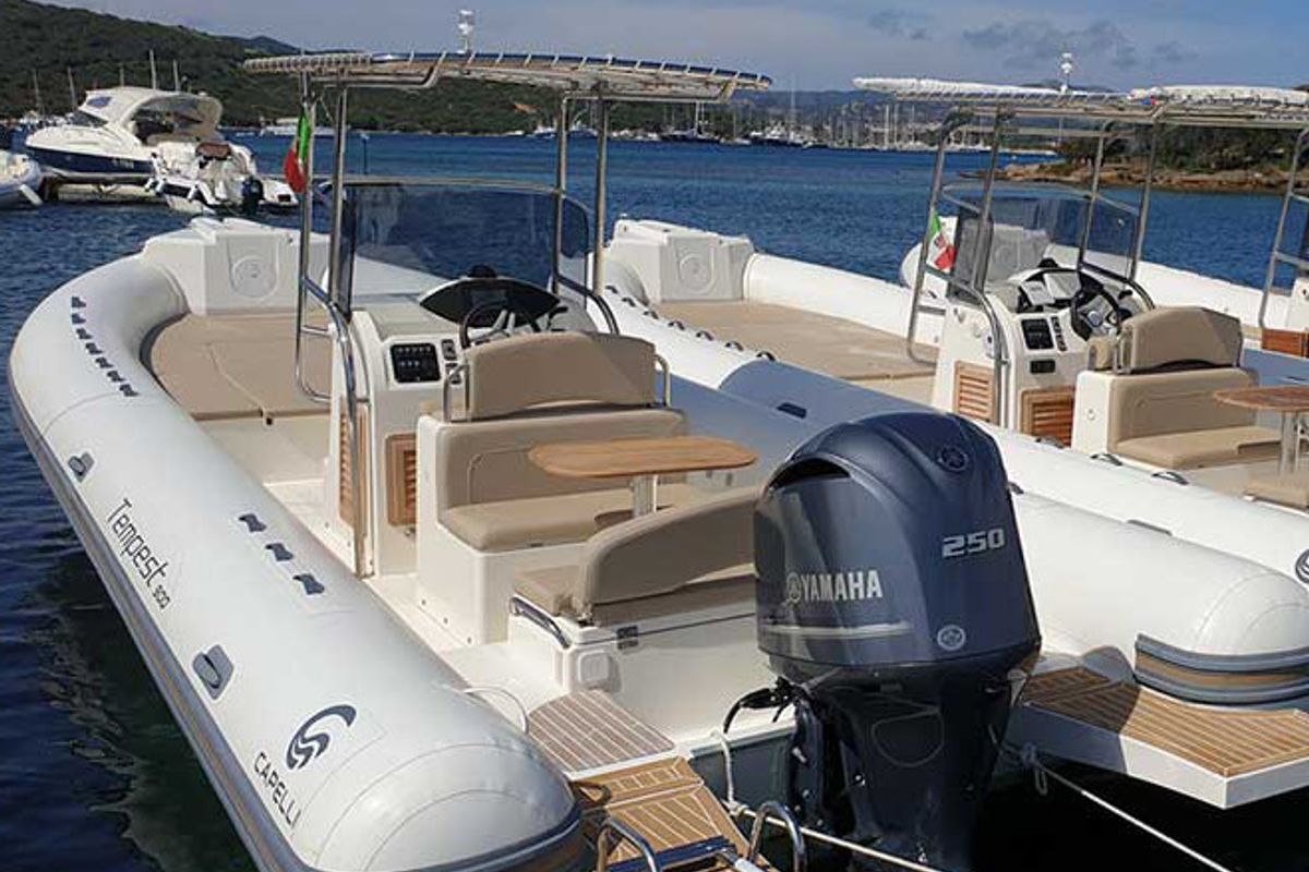 Deck of Maxi Rib, a Capelli Tempest 900 motorboat at Olbia, Italy