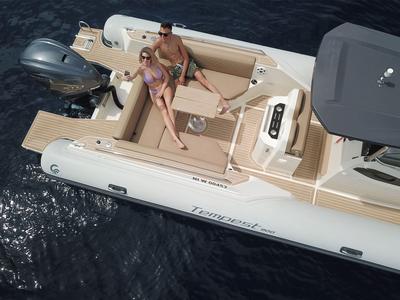 Deck of Maxi Rib, a Capelli Tempest 900 motorboat at Olbia, Italy
