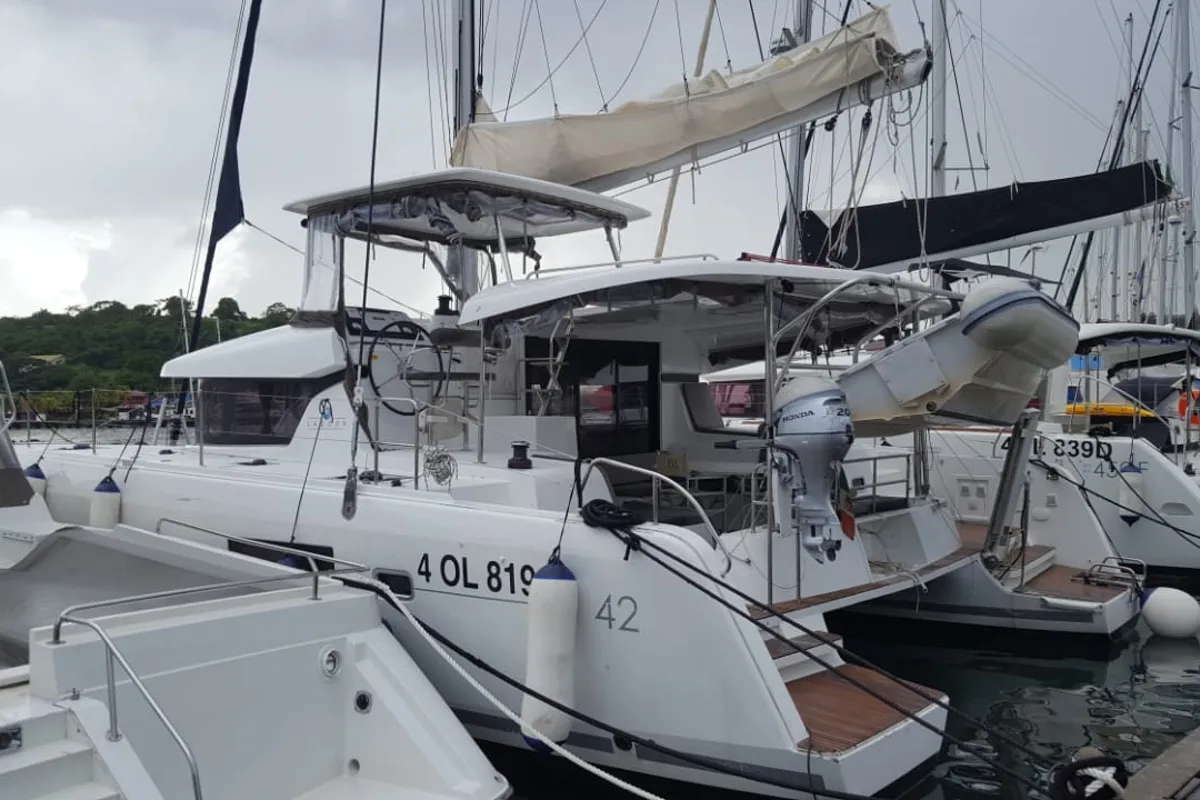 Exterior view of Benetnash II, a Lagoon 42 catamaran at Grand Anse, Grenada