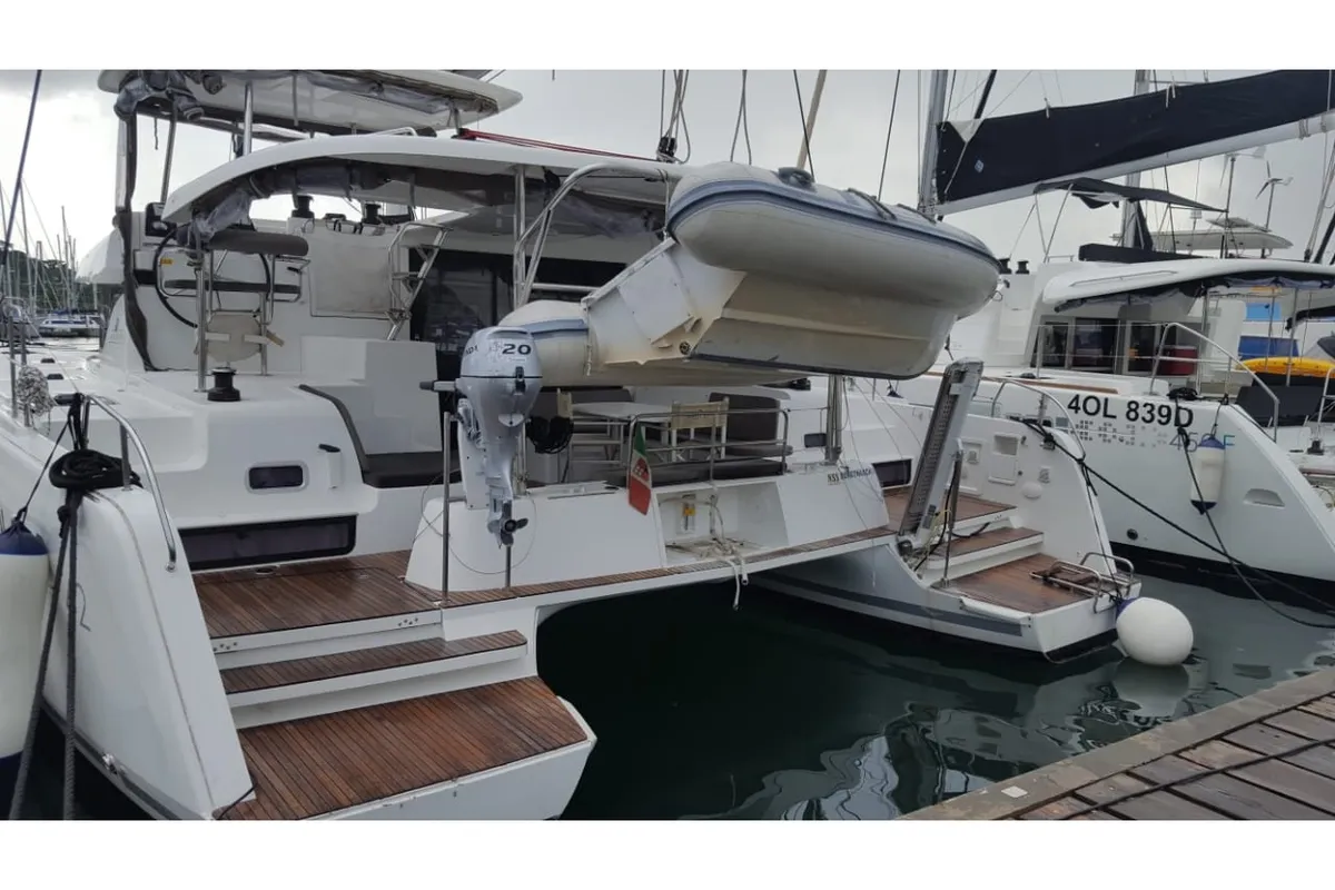 Exterior view of Benetnash II, a Lagoon 42 catamaran at Grand Anse, Grenada