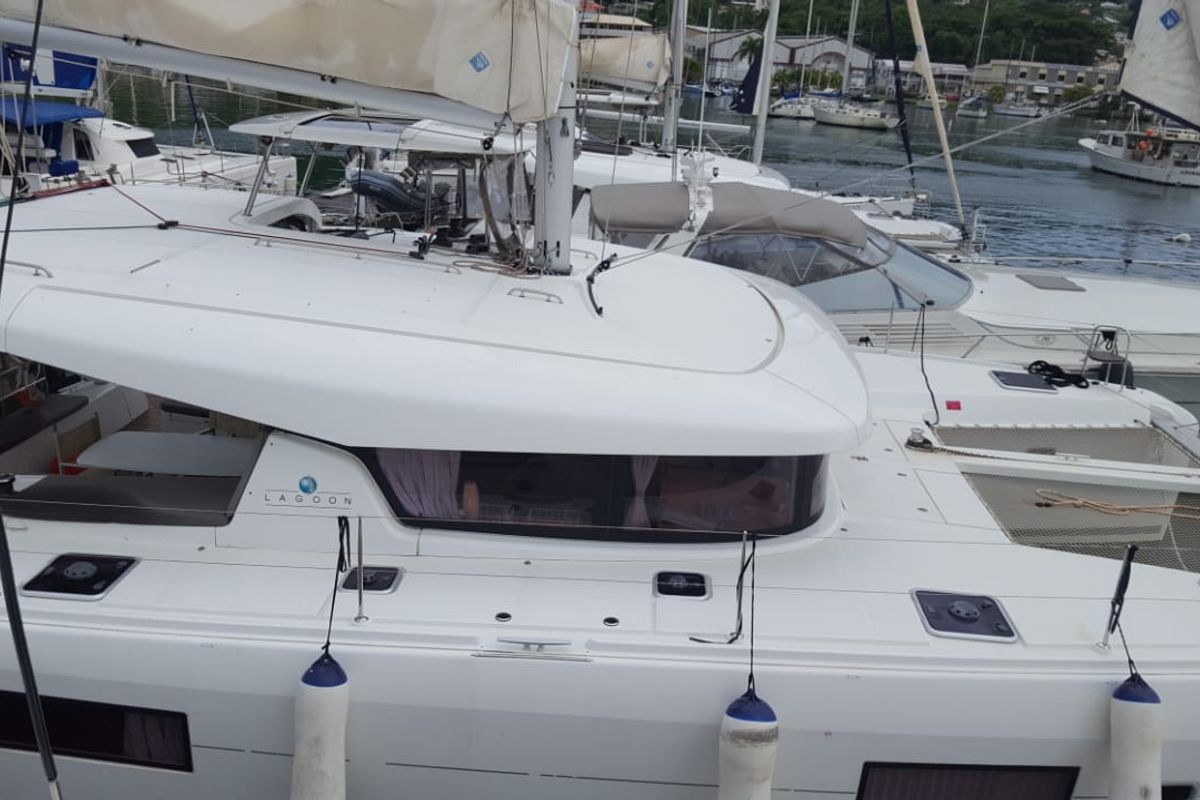 Deck of Benetnash II, a Lagoon 42 catamaran at Grand Anse, Grenada