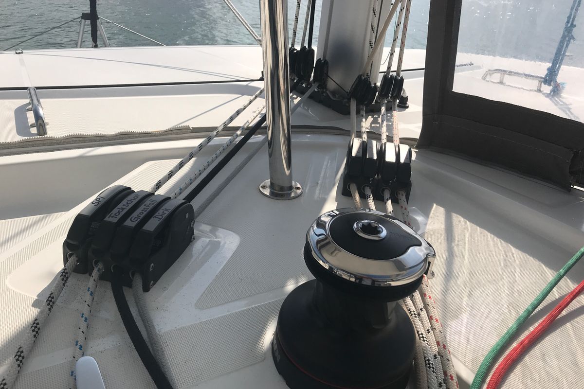 Cockpit of Benetnash II, a Lagoon 42 catamaran at Grand Anse, Grenada