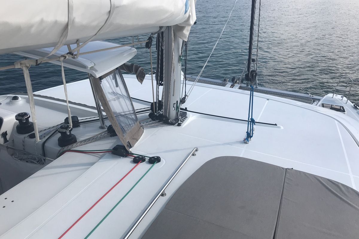 Deck of Benetnash II, a Lagoon 42 catamaran at Grand Anse, Grenada
