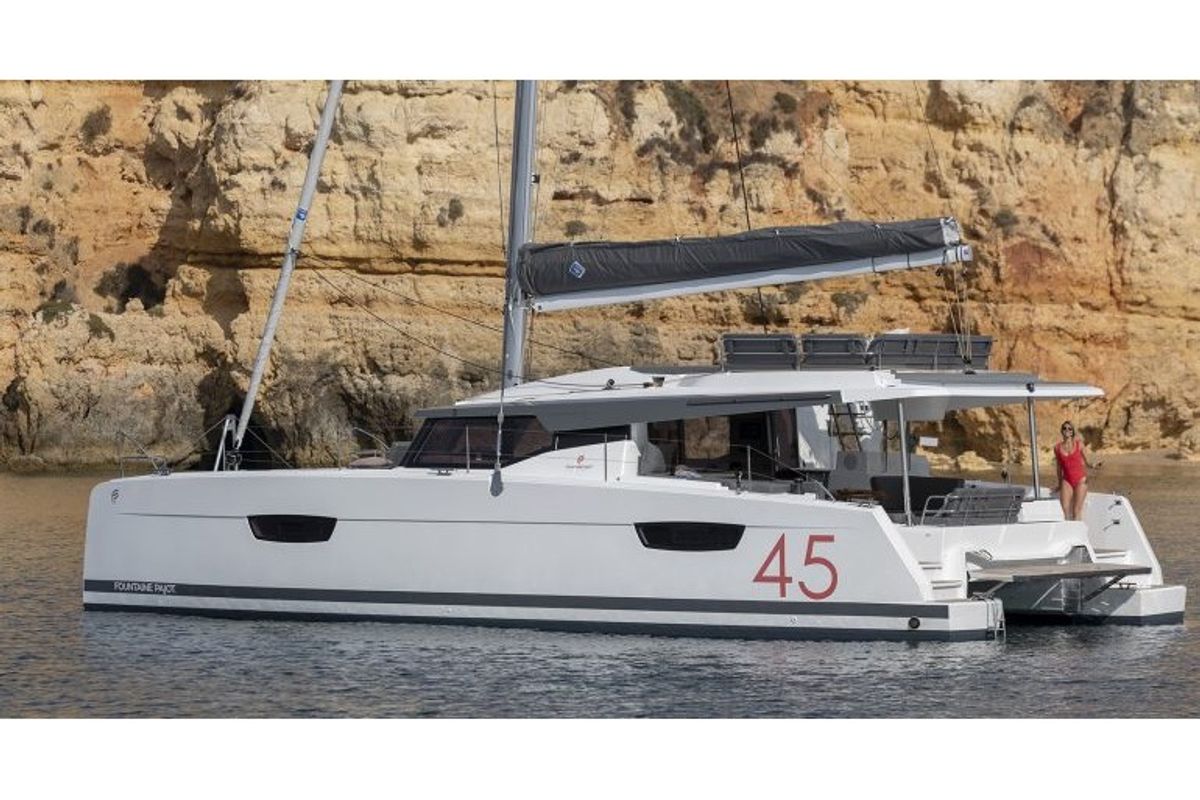 Exterior view of Night Breeze, a Fountaine Pajot Elba 45 catamaran at Kos, Greece