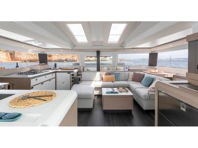 Salon of Night Breeze, a Fountaine Pajot Elba 45 catamaran at Kos, Greece