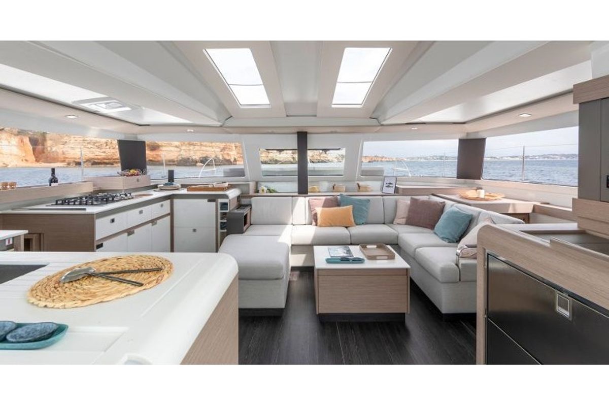 Salon of Night Breeze, a Fountaine Pajot Elba 45 catamaran at Kos, Greece
