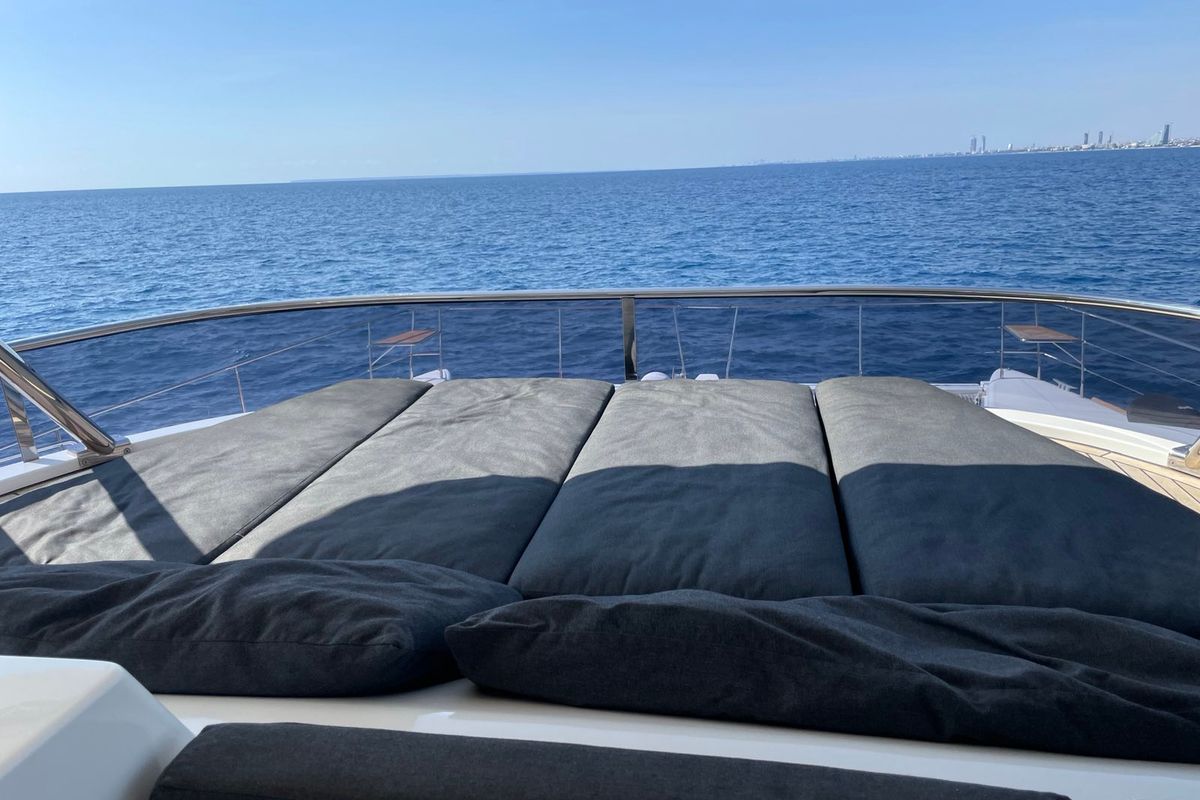 Deck of Pearly Gates, a Lagoon Power 630 catamaran at Mykonos, Greece