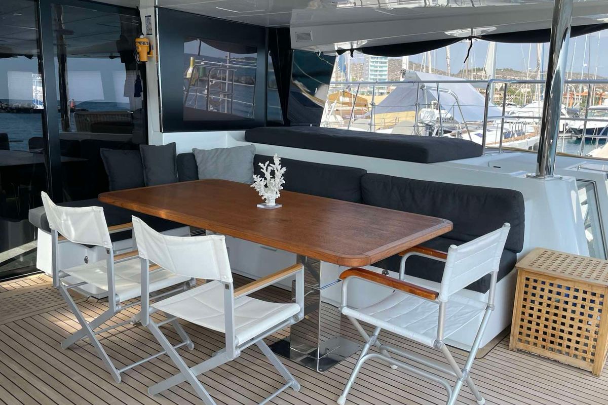 Deck of Pearly Gates, a Lagoon Power 630 catamaran at Mykonos, Greece