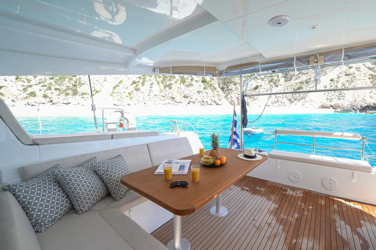 Deck of Catalina, a Lagoon 42 catamaran at Municipal Unit of Anaktorio, Greece