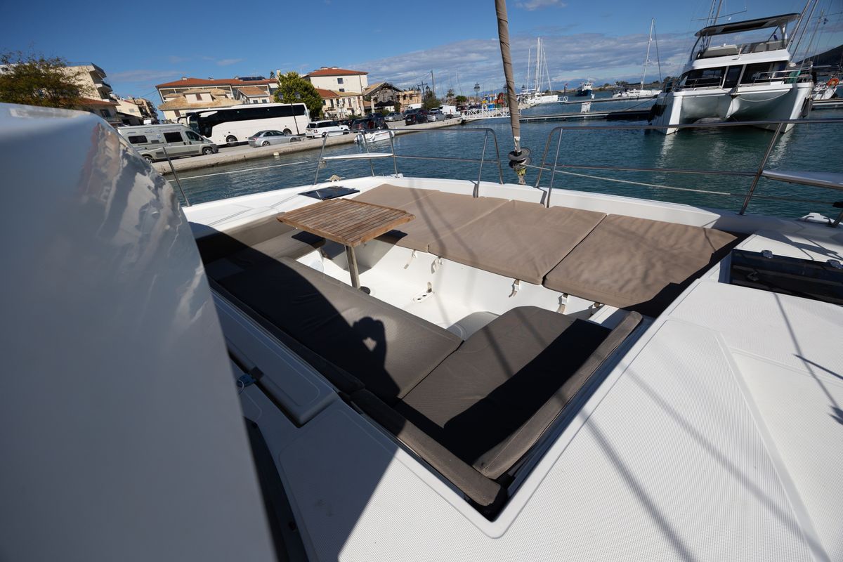 Deck of Lady Dasi, a Bali 4.1 catamaran at Municipal Unit of Lefkada, Greece