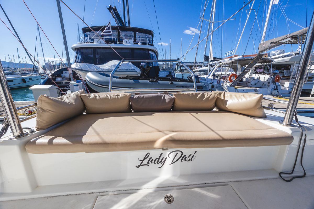 Deck of Lady Dasi, a Bali 4.1 catamaran at Municipal Unit of Lefkada, Greece