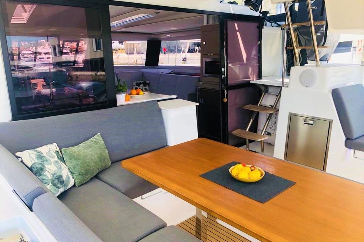 Salon of Desafinado, a Fountaine Pajot Saona 47 Quintet catamaran at Seget Donji, Croatia