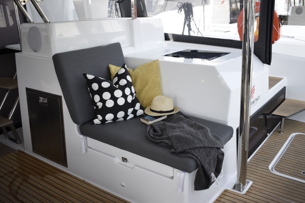 Deck of Desafinado, a Fountaine Pajot Saona 47 Quintet catamaran at Seget Donji, Croatia
