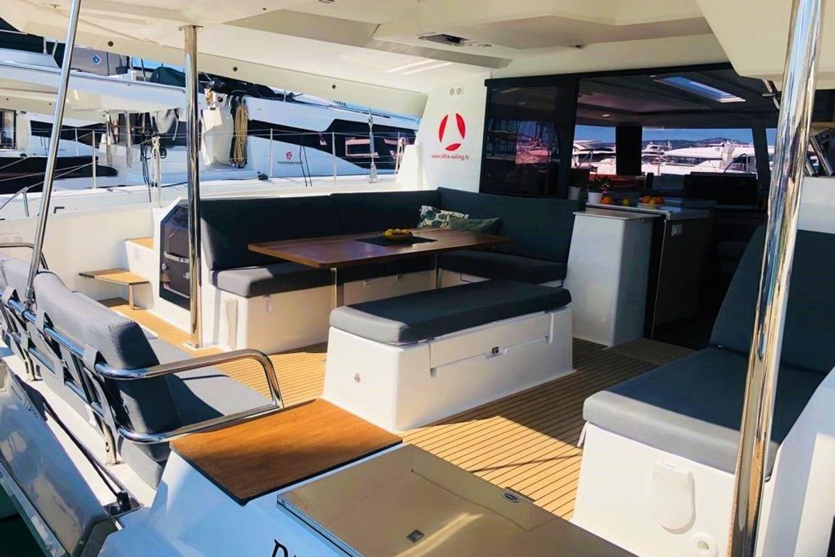 Deck of Desafinado, a Fountaine Pajot Saona 47 Quintet catamaran at Seget Donji, Croatia