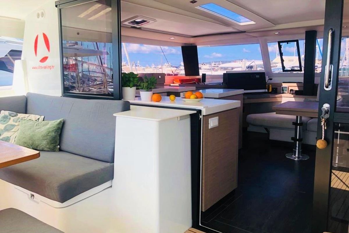 Salon of Desafinado, a Fountaine Pajot Saona 47 Quintet catamaran at Seget Donji, Croatia