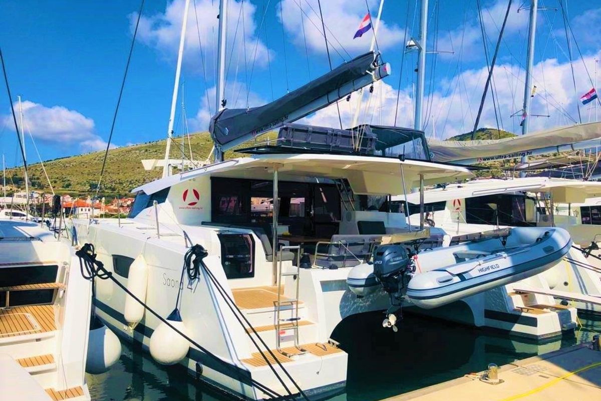 Exterior view of Desafinado, a Fountaine Pajot Saona 47 Quintet catamaran at Seget Donji, Croatia
