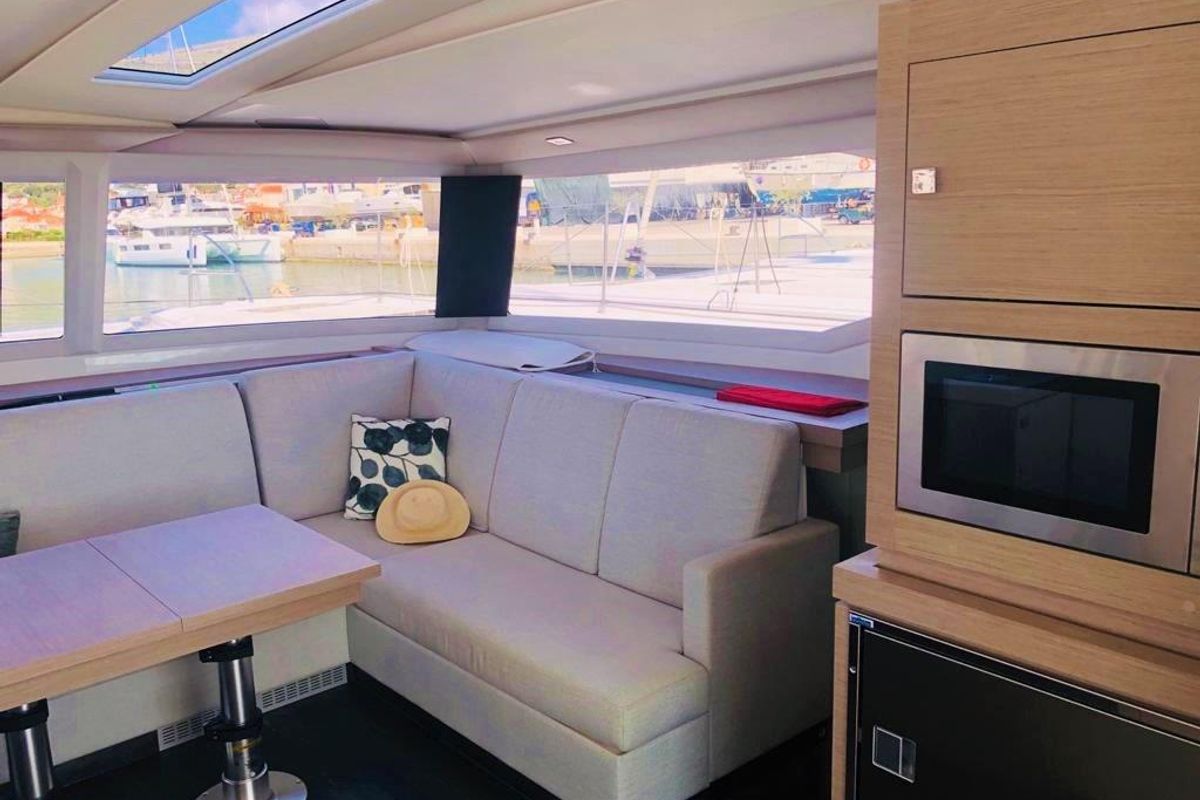 Salon of Desafinado, a Fountaine Pajot Saona 47 Quintet catamaran at Seget Donji, Croatia