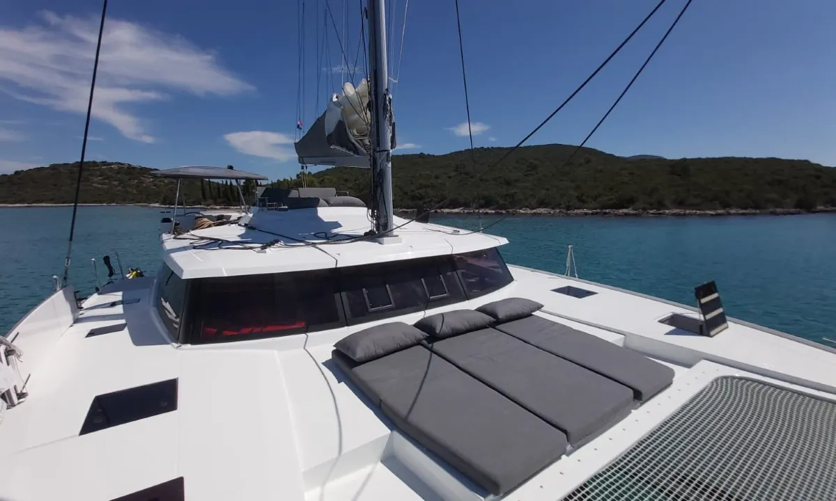 Deck of Desafinado, a Fountaine Pajot Saona 47 Quintet catamaran at Seget Donji, Croatia