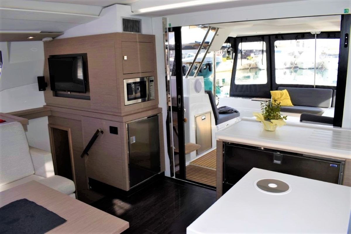 Salon of Desafinado, a Fountaine Pajot Saona 47 Quintet catamaran at Seget Donji, Croatia