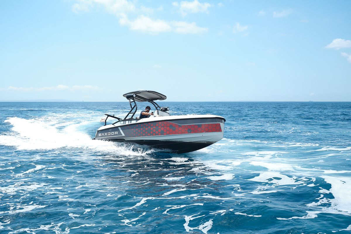 Exterior view of Mistral, a Saxdor Yachts Saxdor 200 Sport motorboat at Ibiza, Spain