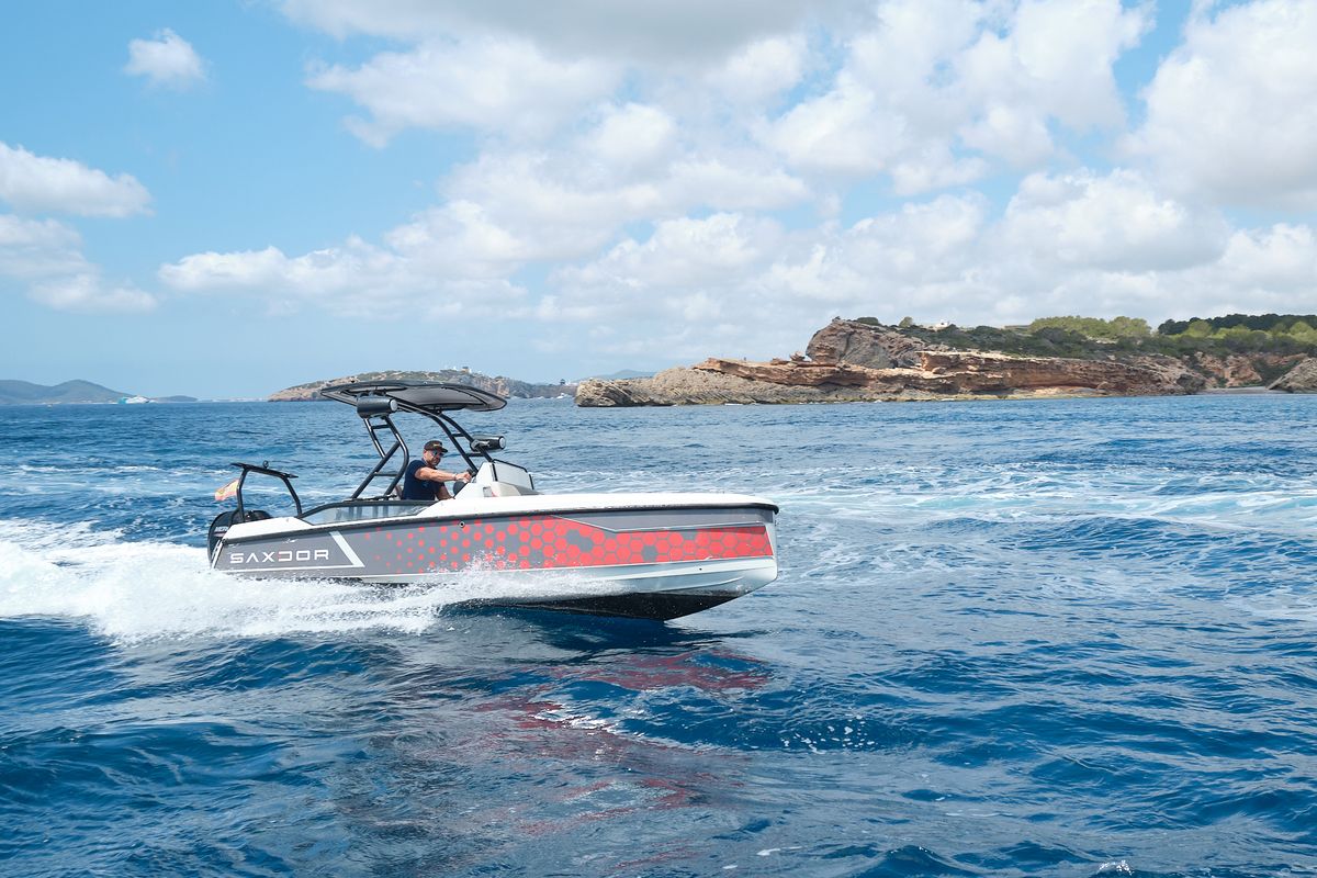 Exterior view of Mistral, a Saxdor Yachts Saxdor 200 Sport motorboat at Ibiza, Spain