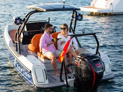 Deck of Mistral, a Saxdor Yachts Saxdor 200 Sport motorboat at Ibiza, Spain