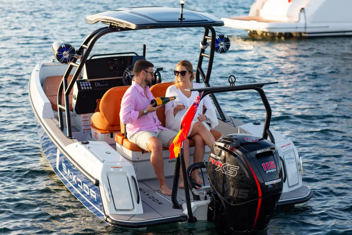 Deck of Mistral, a Saxdor Yachts Saxdor 200 Sport motorboat at Ibiza, Spain