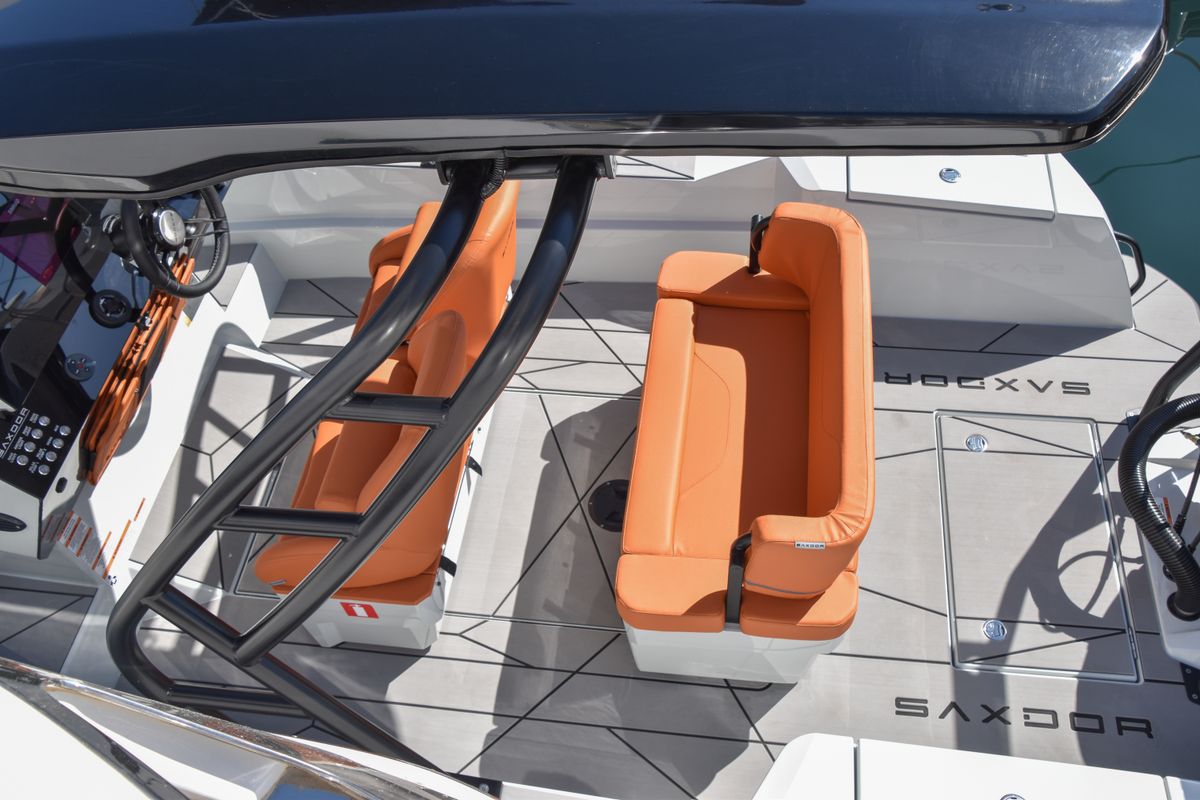 Deck of Mistral, a Saxdor Yachts Saxdor 200 Sport motorboat at Ibiza, Spain