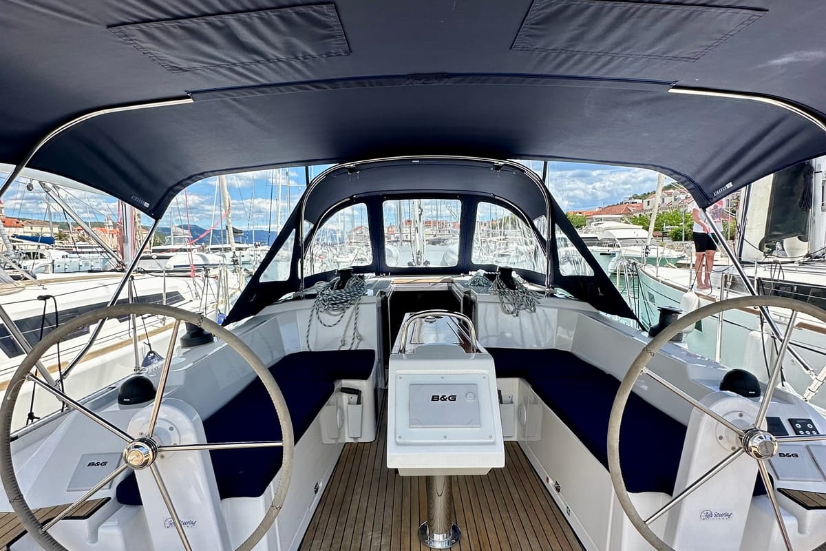 Cockpit of Surf Point, a Bavaria C38 sailboat at Split, Croatia