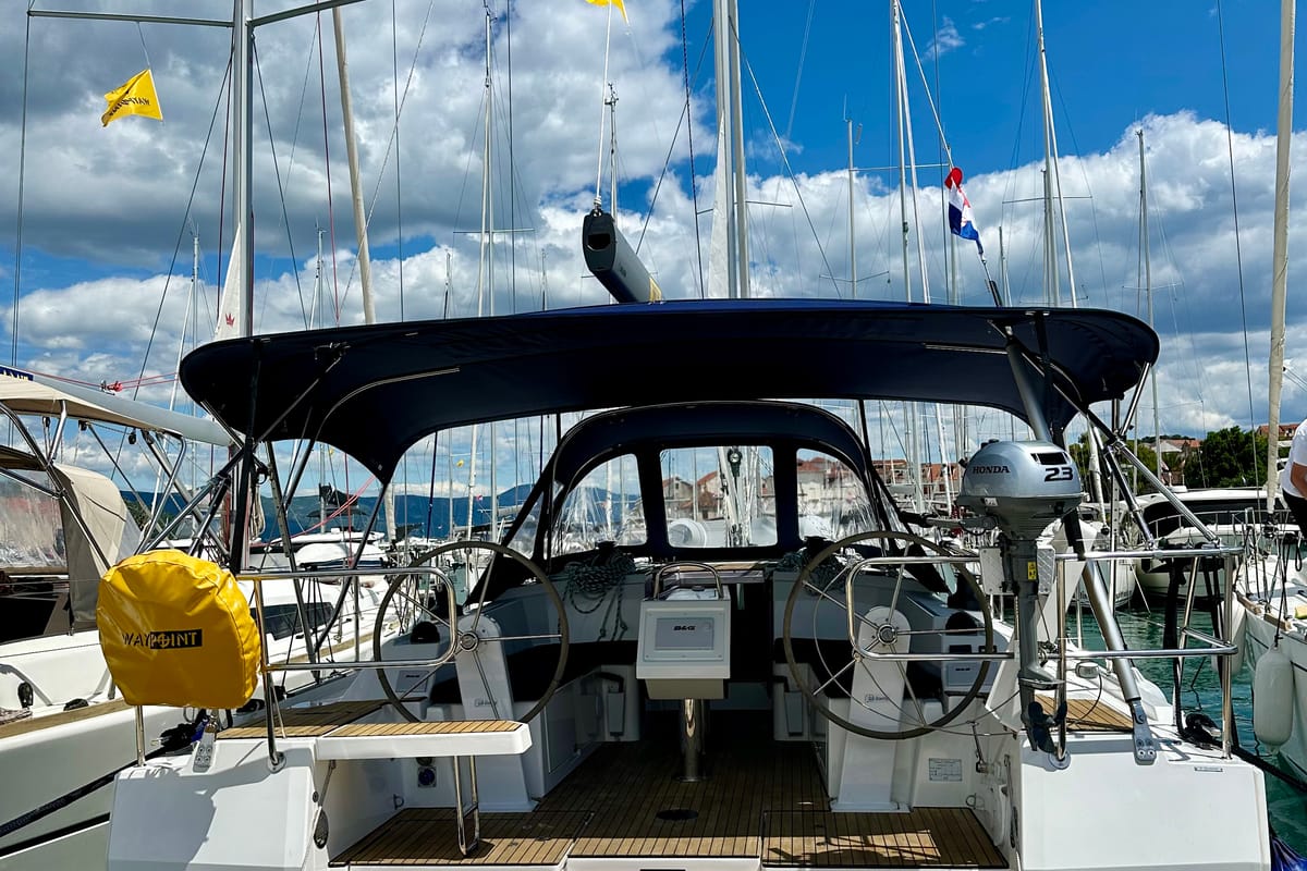 Exterior view of Surf Point, a Bavaria C38 sailboat at Split, Croatia