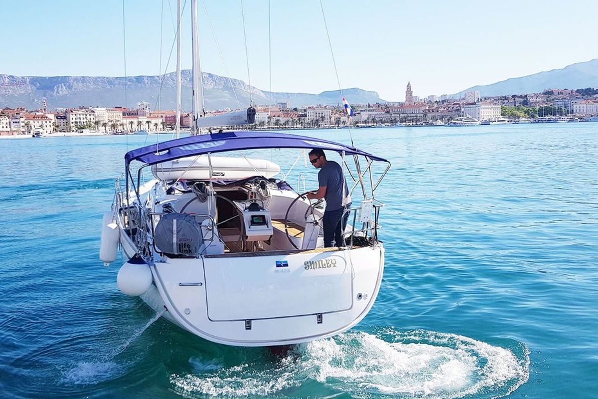 Exterior view of Smiley, a Bavaria Cruiser 37 sailboat at Split, Croatia