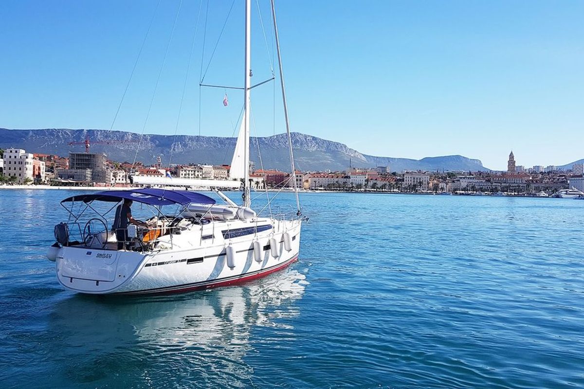 Exterior view of Smiley, a Bavaria Cruiser 37 sailboat at Split, Croatia