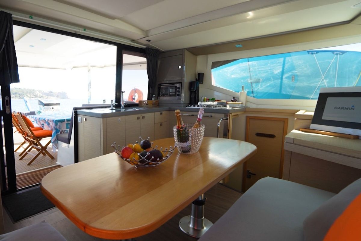 Salon of Enéa, a Fountaine Pajot Lucia 40 catamaran at Municipal Unit of Rhodes, Greece