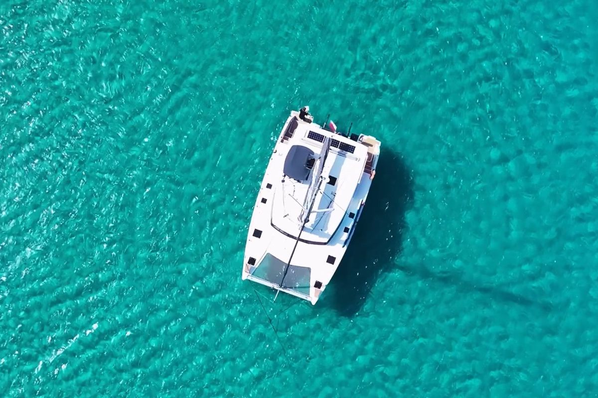 Exterior view of Enéa, a Fountaine Pajot Lucia 40 catamaran at Municipal Unit of Rhodes, Greece