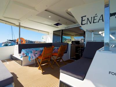 Deck of Enéa, a Fountaine Pajot Lucia 40 catamaran at Municipal Unit of Rhodes, Greece