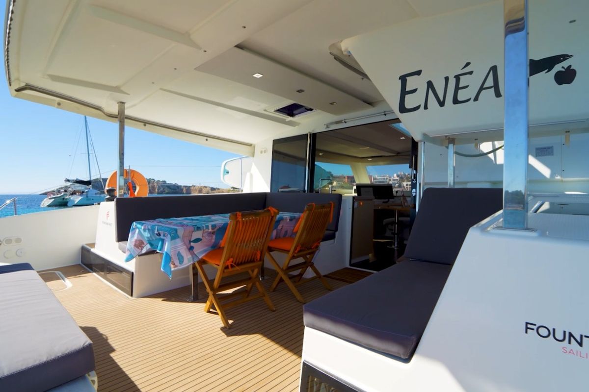 Deck of Enéa, a Fountaine Pajot Lucia 40 catamaran at Municipal Unit of Rhodes, Greece