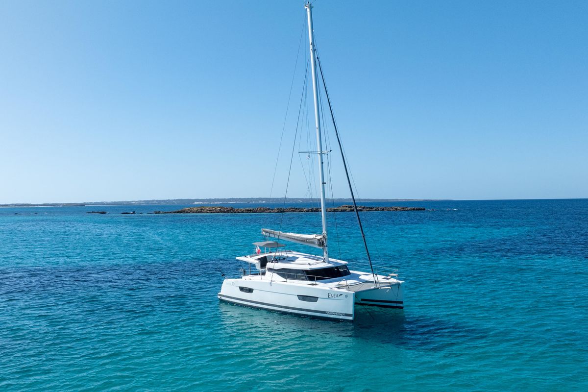 Exterior view of Enéa, a Fountaine Pajot Lucia 40 catamaran at Municipal Unit of Rhodes, Greece