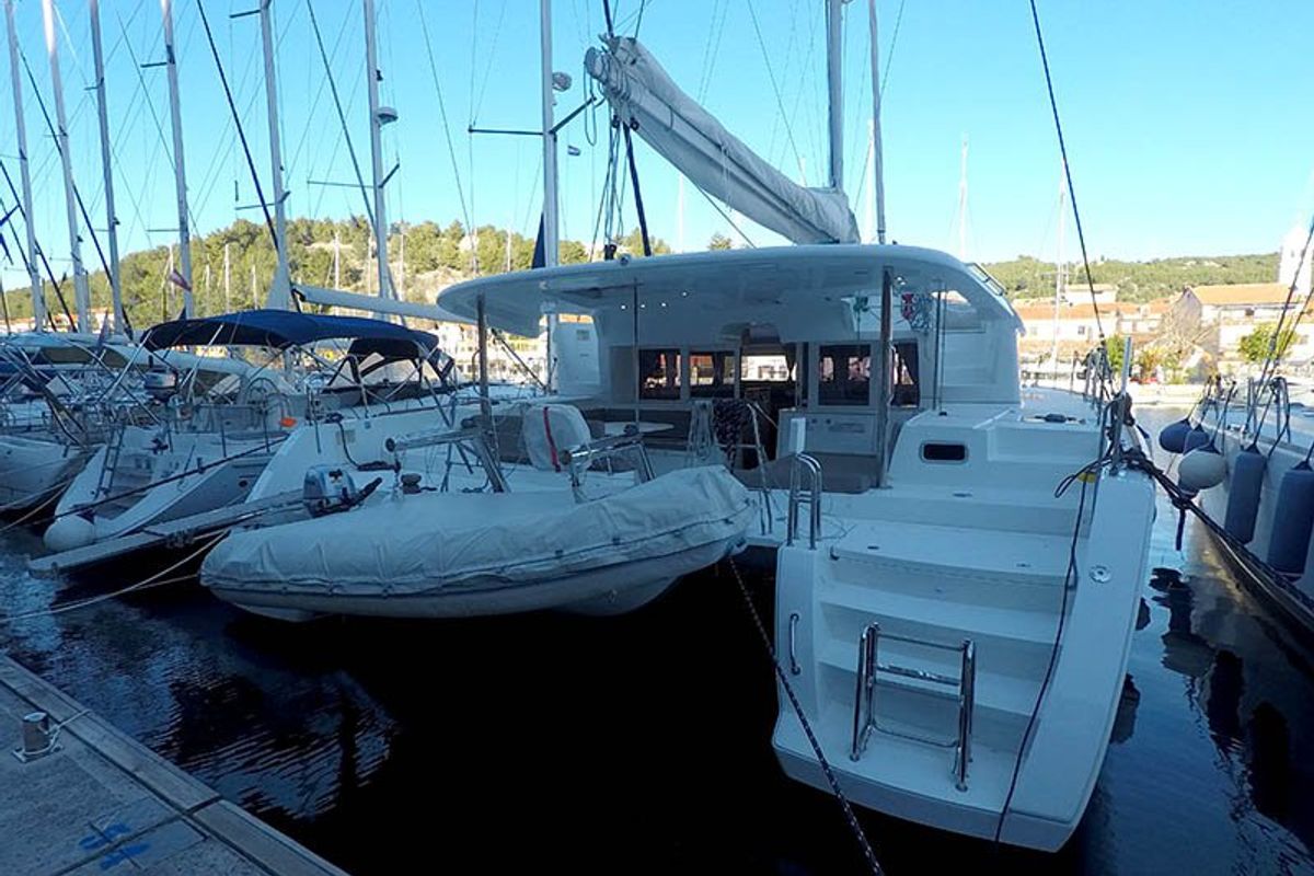 Exterior view of Saelma, a Lagoon 450 F catamaran at Grad Šibenik, Croatia