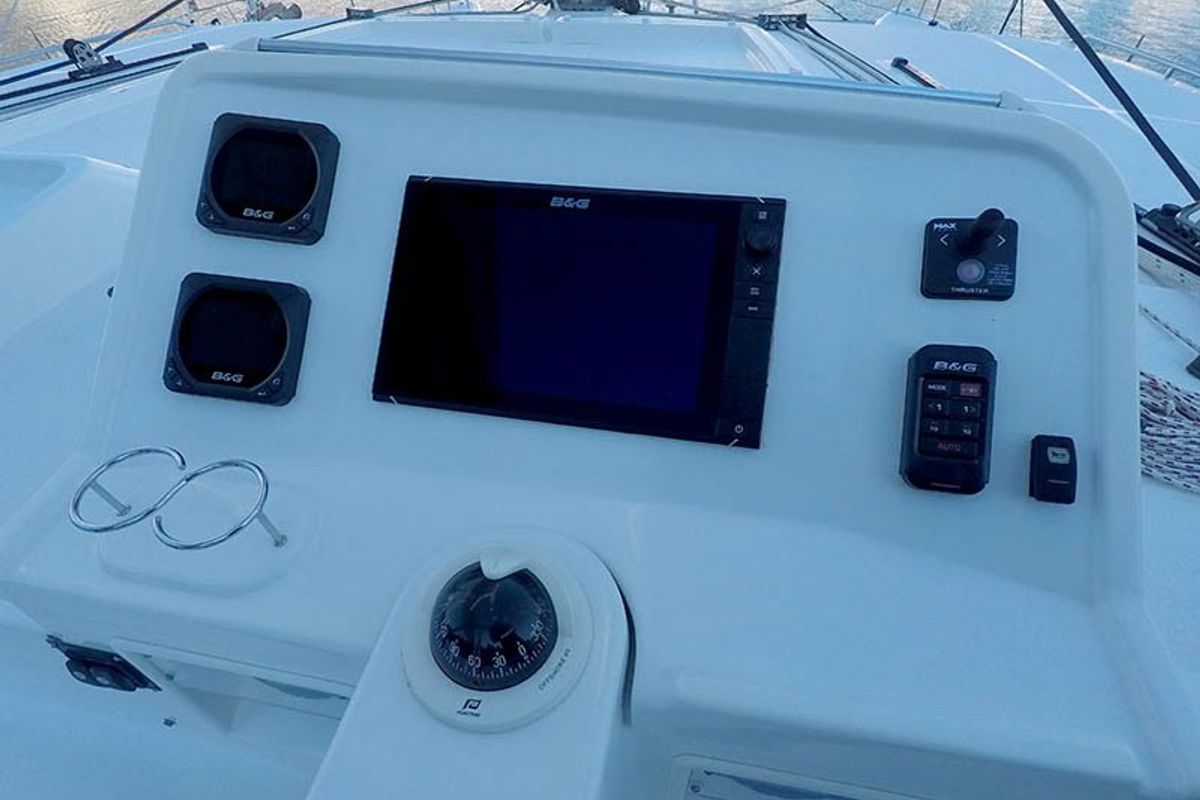 Cockpit of Saelma, a Lagoon 450 F catamaran at Grad Šibenik, Croatia