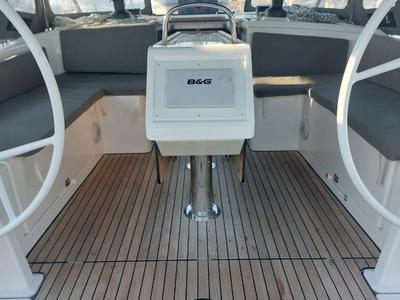 Cockpit of Marabou, a Bavaria C42 sailboat at Municipal Unit of Lefkada, Greece