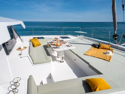 Deck of PANDA, a Bali 4.6 catamaran at Olbia, Italy