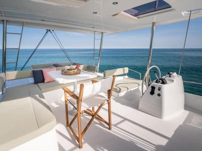 Cockpit of PANDA, a Bali 4.6 catamaran at Olbia, Italy
