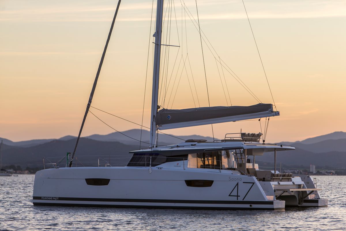 Exterior view of Lucky Alexandra, a Fountaine Pajot Saona 47 catamaran at Grad Pula, Croatia