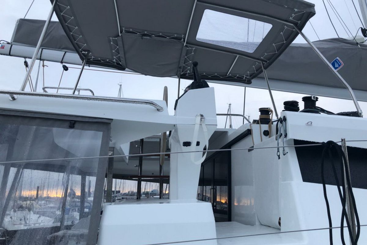 Cockpit of Lucky Alexandra, a Fountaine Pajot Saona 47 catamaran at Grad Pula, Croatia