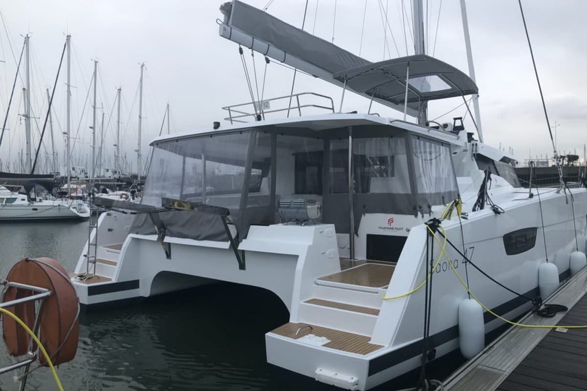 Exterior view of Lucky Alexandra, a Fountaine Pajot Saona 47 catamaran at Grad Pula, Croatia