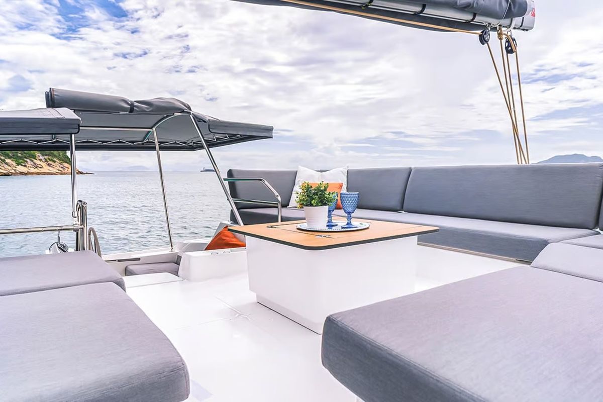 Deck of Blue Angel, a Fountaine Pajot Tanna 47 catamaran at Fethiye, Turkey