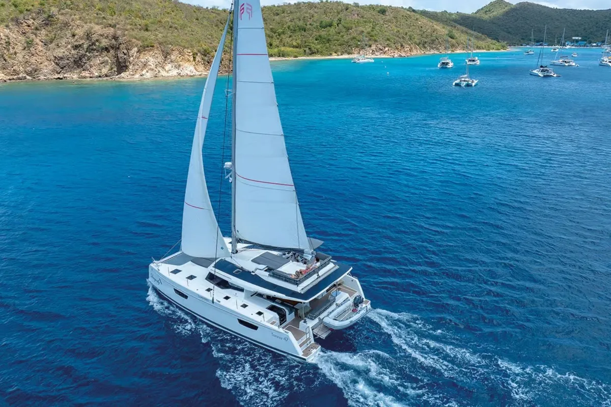 Exterior view of Blue Angel, a Fountaine Pajot Tanna 47 catamaran at Fethiye, Turkey