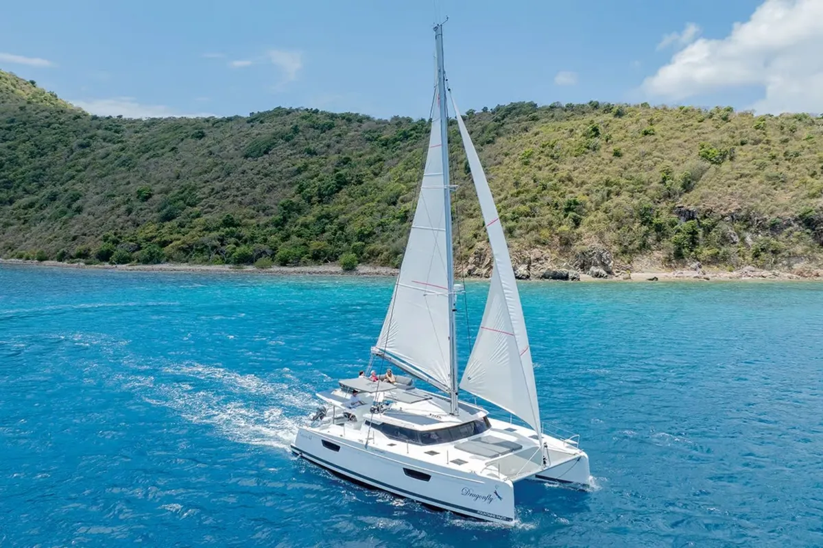 Exterior view of Blue Angel, a Fountaine Pajot Tanna 47 catamaran at Fethiye, Turkey