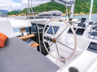 Cockpit of Blue Angel, a Fountaine Pajot Tanna 47 catamaran at Fethiye, Turkey